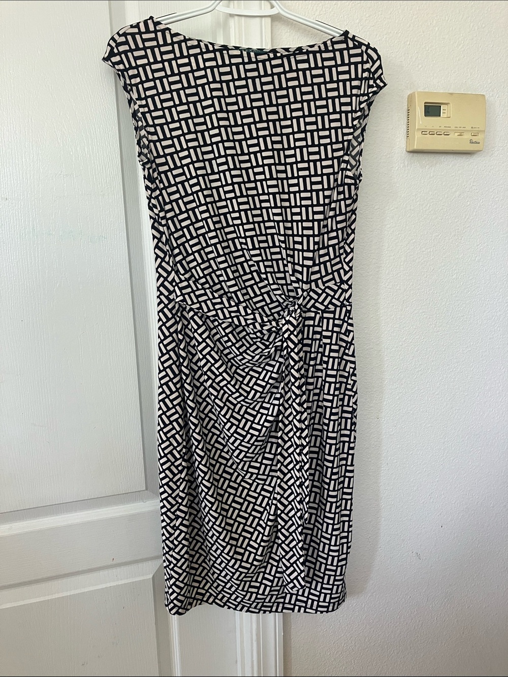 Ralph Lauren Black and White Geometric Front Tie  Midi Dress Size 8